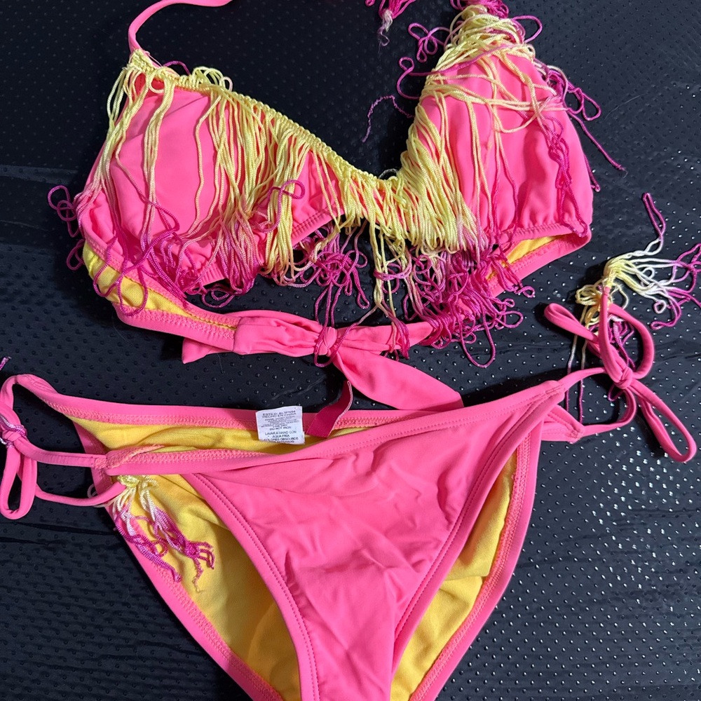 The Bikini Lab Pink and Yellow Fringe Bikini